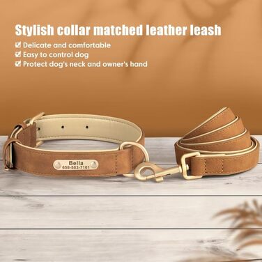 Нашийник та поводок для собак, шкіряні, персоналізовані, м'яко стьовані, міцні, з індивідуальною табличкою, регульовані (M, верблюжий, комплект M: обхват шиї 28-37 см, ширина 2 см)