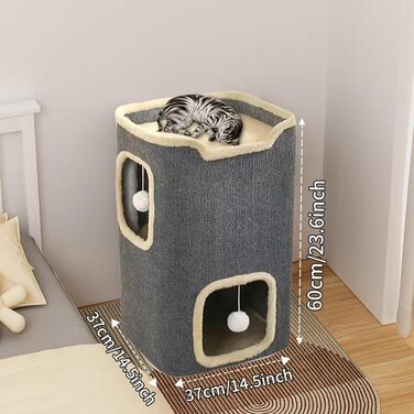 Двоповерховий будиночок для котів UBRAVOO - котяча печера для дому, іграшки-підвіски, прямокутний дизайн