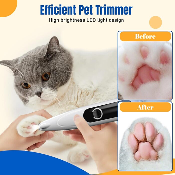 Тример для стрижки кігтів та шерсті собак і котів Paw Trim Pro з LED-підсвіткою, USB-зарядкою, безшумний для лап, вух та обличчя
