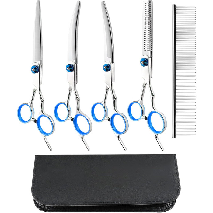 Набір професійних ножиць для собак 5 в 1, ножиці для грумінгу, з металевим гребінцем та шкіряним чохлом