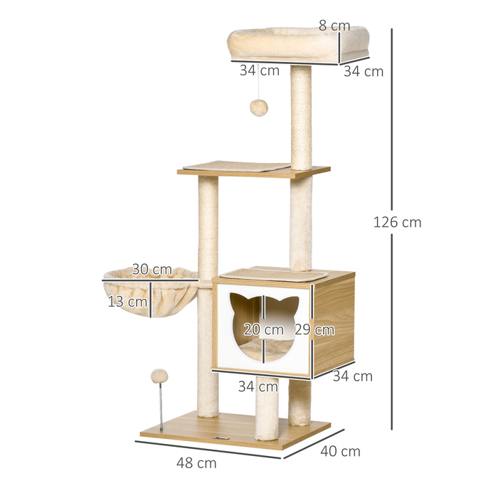 PawHut Cat Tree Бежева котяча печера з платформою висотою 126см з дерева та ДСП Сизаль для кішок