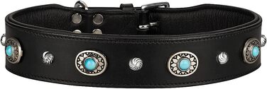 Нашийник для собак MICHUR Alonzo з натуральної шкіри, чорний, широкий, з синіми каменями та заклепками, різні розміри, обхват шиї 33-38 см