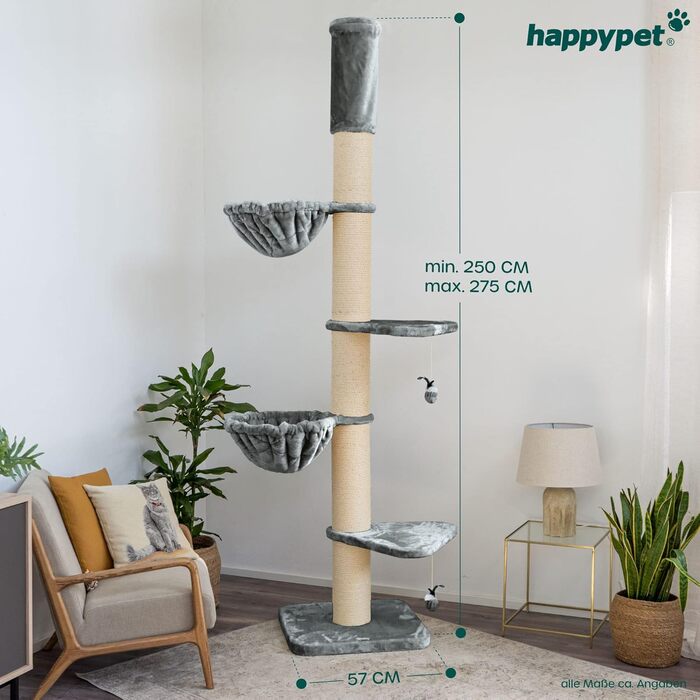 Котячий дряпак HAPPYPET Leonardo XXL для великих котів, 250-275 см, стійкий, товсті стовпи 18 см, лежанки до 20 кг, дімка, натуральне дерево, для мейн-кунів і рагдолів