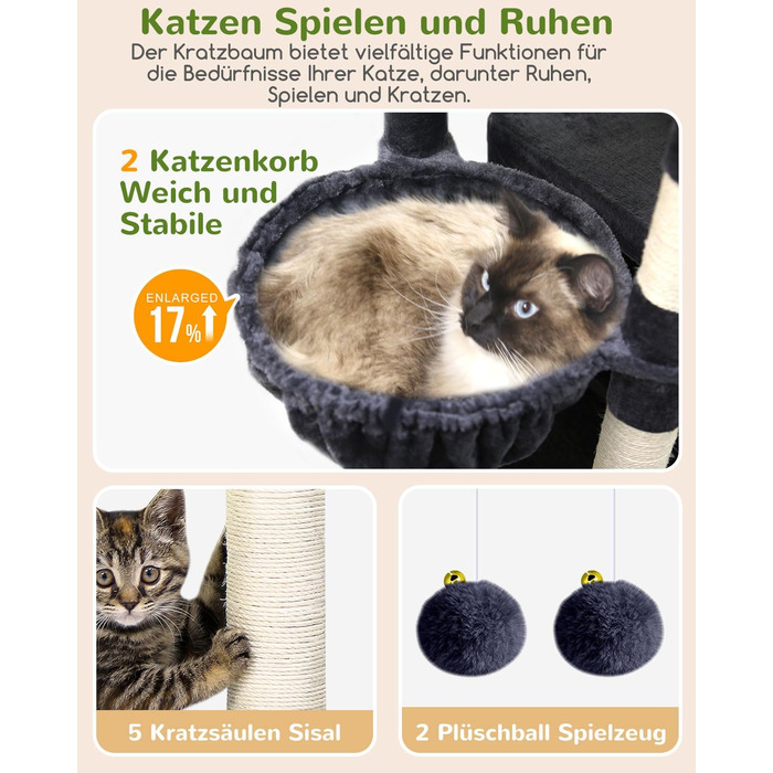 Драбина для котів Globlazer XXL, 188 см, з будиночком, платформами та кошиками. Стабільна, не перекидається, для великих котів. Темно-сірий (S74)