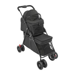 Складаний візок для собак та котів, 2-поверховий, з сумкою та ременями безпеки (Чорний)