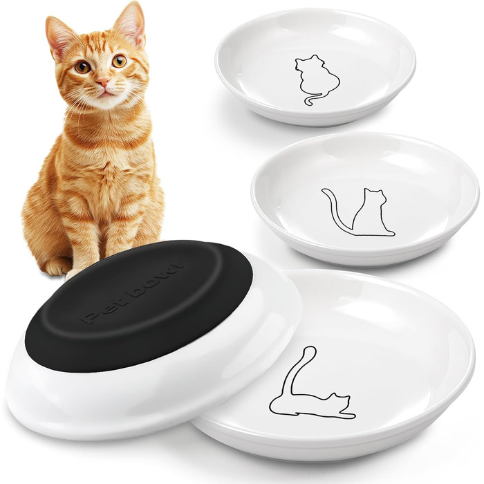 4 миски для котів з кераміки, годівниця для кота з неслизьким гумовим дном, миска для котів, що запобігає втомі вусів, широка та плоска годівниця для кошенят та дрібних тварин (4 шт.)