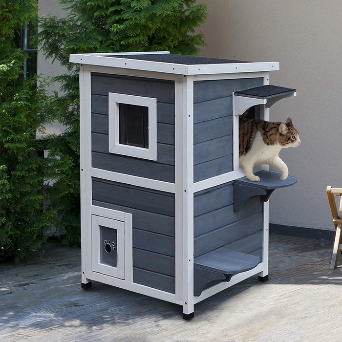 PawHut Cat House Grey 2 поверхи Котяча вілла зі сходами, асфальтовим дахом і вікном, ялинове дерево, 51x51x81.3см для любителів кішок