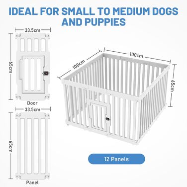 Клітка для цуценят FASRIOU Indoor 65 см, пластикове огородження для собак з антиковзкими присосками, вольєр для маленьких собак, 18 панелей (100 x 100 x 65 см), з роздільними секціями