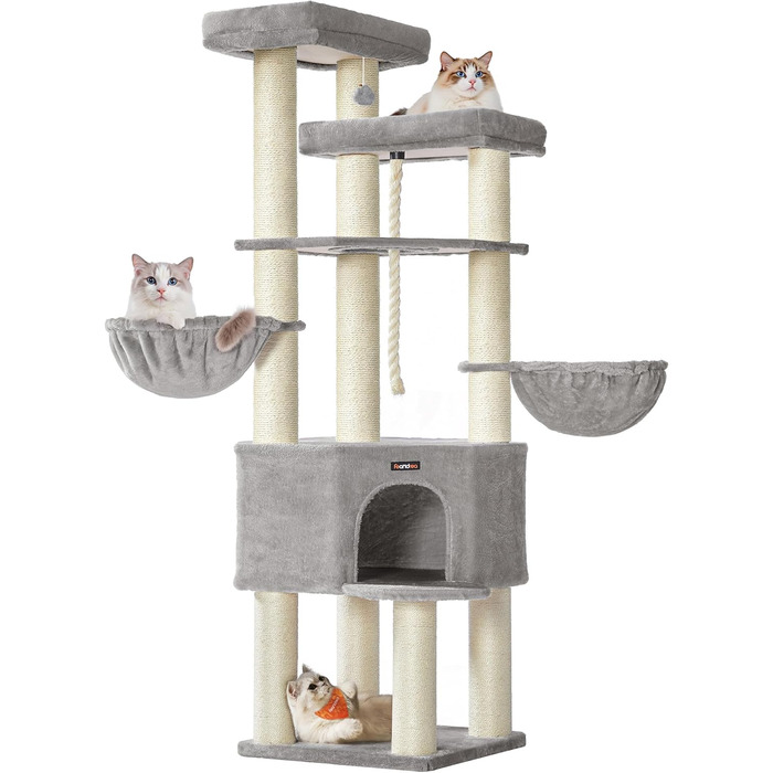 Декілька поверхів, великий котячий будиночок Feandrea, XXL, 55 x 55 x 186,7 см, товсті сизалеві стовпи (11 см), для великих котів (наприклад, мейн-кун), сірий та чорний котячий будиночок, PCT008G02