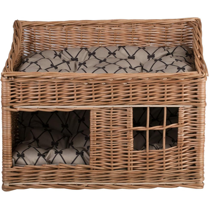 Двоярусна котяча хатинка з плетіння з лози, котячий кошик, хатинка для котів з подушкою та вікном (бежевий, натуральний)