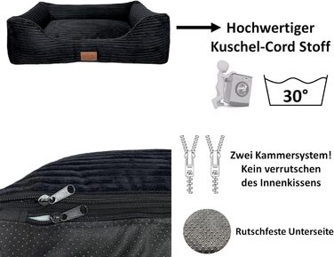 Ортопедичне ліжко для собак Elropet з м'якого корду, кошик для собак (Чорний, S (75x55x20cm))