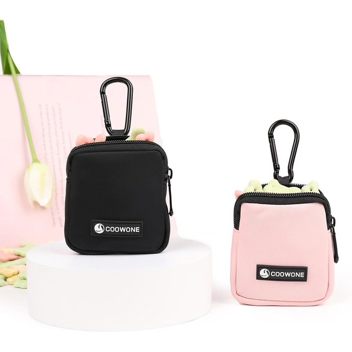 Сумка для ласощів для собак COOWONE з тренувальним клікером, водонепроникна, з карабіном, для прогулянок, утримувач для пакетів, чорний + рожевий