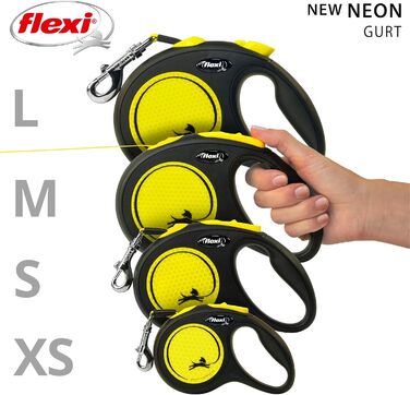 Пояс для собак Flexi Neon S 5 м чорний/неоновий жовтий з світловідбиваючими смугами, для собак до 15 кг