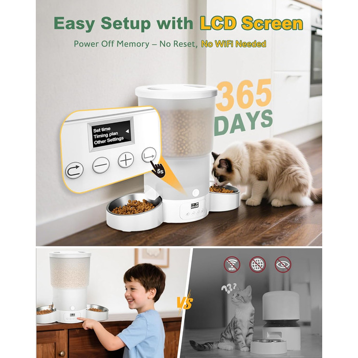 Автоматичний годівниця для котів та собак Gimars 5L з LCD-дисплеєм, 2 миски, програмування, 1-6 прийомів їжі, голосовий запис, білий колір