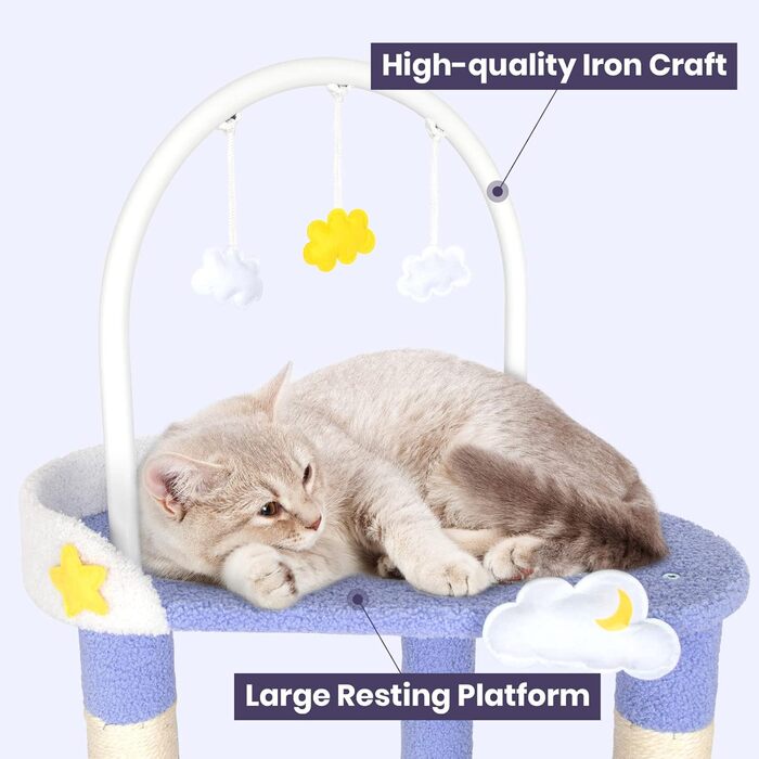 Котячий дряпак Happy & Polly 134,6 см, багаторівнева когтеточка для дому з плюшевим стовпом і підвісною іграшкою, лілова