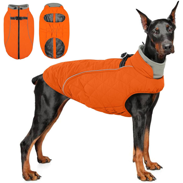 Водонепроникний зимовий теплий одяг для собак середнього розміру QBLEEV з інтегрованим шлейкою та світловідбиваючими елементами (XX-Large, помаранчевий/червоний у смужку 'Sunset Chevron')