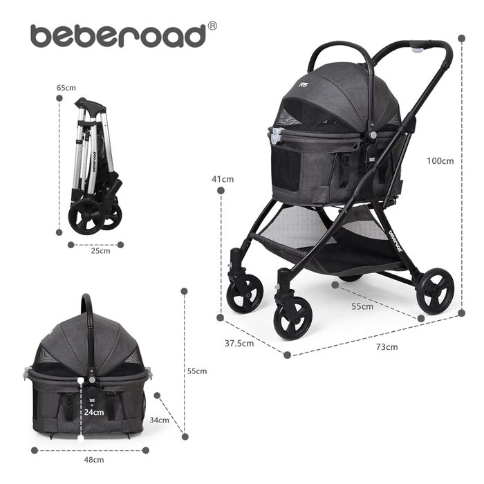 Візок для собак та котів з функцією складання - чорний, 73x55x100 см, до 15 кг