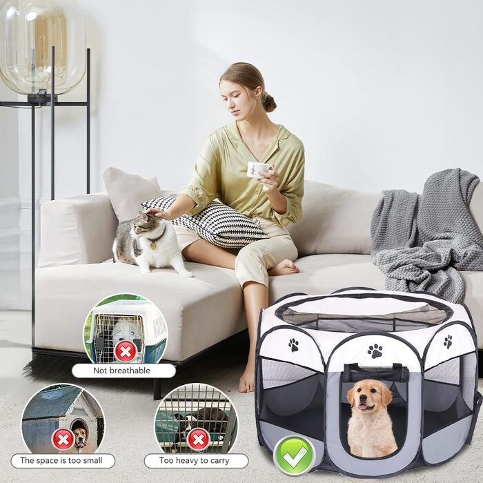 Вольєр для цуценят Dhqkqg, складаний вольєр для собак, 74x74x43 см, сірий. Підходить для собак, цуценят, котів та дрібних тварин.