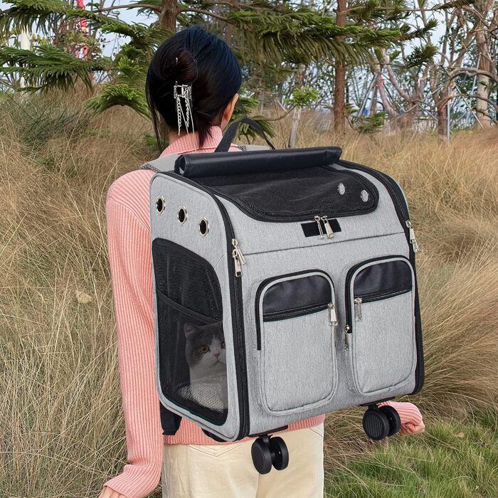 Рюкзак-переноска для кота OUUTMEE з телескопічною ручкою (до 20 кг), сірий, багатофункціональний, дихаючий