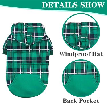 Теплий собачий светр з капюшоном у клітинку, британський стиль, отвір для повідка, одяг для собак Pitbull, зимовий одяг для всіх порід, цуценят, дівчаток та хлопчиків, котів, зелений, розмір Small