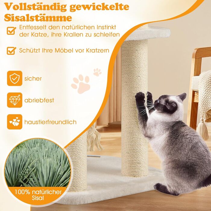 Драбина-стінка для котів GOPLUS з сизалевими стовпчиками, м'ячиком, гачком, просторою платформою, гніздом з соломи та стійкою конструкцією. Підходить для кількох котів (Бежевий)