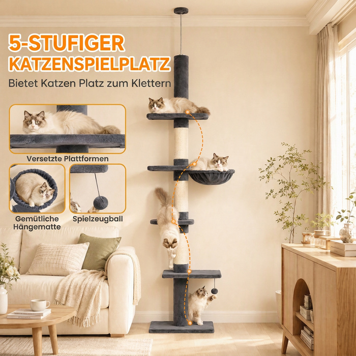 Ігровий комплекс для котів ratzbaum: стельовий, висота 225-255 см (регульована), 5 ярусів, 3 сизалеві стовпчики-дряпки, гамак та платформи