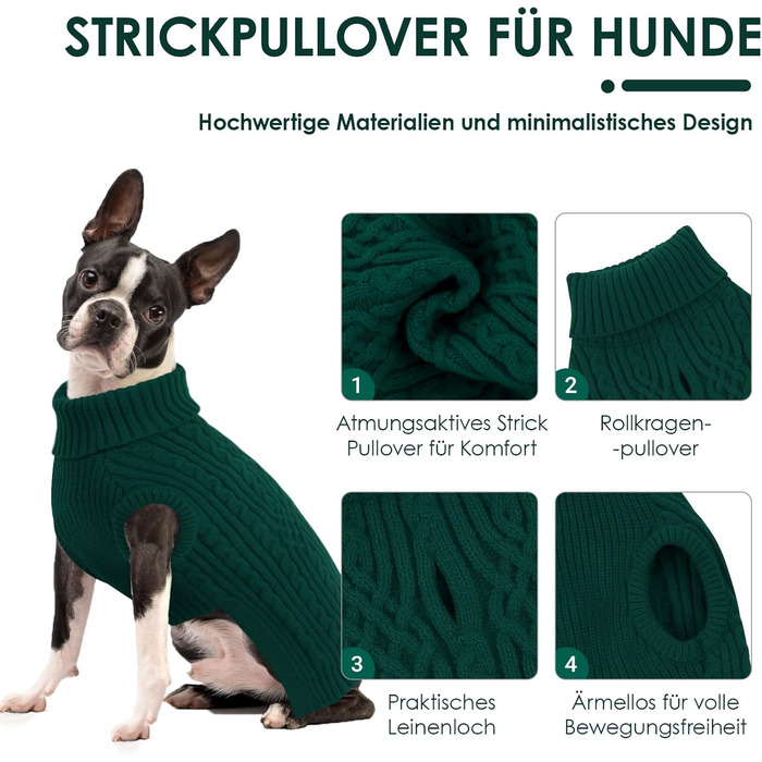 Теплий зимовий пуловер для собак AOFITEE з коміром-стійкою, для такс та маленьких порід, зелений (S)