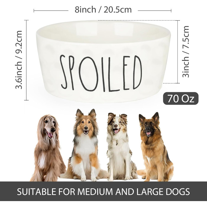 Керамічна миска для собак WoofinPets 250 мл, 25,4 см, велика, міцна, нековзна, для середніх і великих собак, підходить для мікрохвильової печі та посудомийки, біла