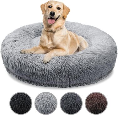 Ортопедичне ліжко для собак великих порід, 120 см, Donut подушка, Memory Foam, круг, кошик для собак, м'яке, плюшеве, штучне хутро, колір: світло-сірий, XL-120 см, світло-сірий