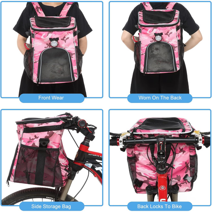 PETCUTE Фарбований велосипедний кошик для собак та котів, дихаючий, з світловідбиваючими смугами, камуфляж рожевий