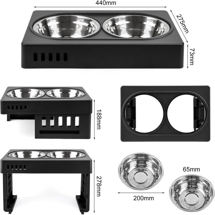 Підвищений годівниця для собак та котів 2-в-1, 4 регульовані висоти, підставка Anti-Slip з нержавіючою чашею, чорний (44 x 27,5 x 7 см)