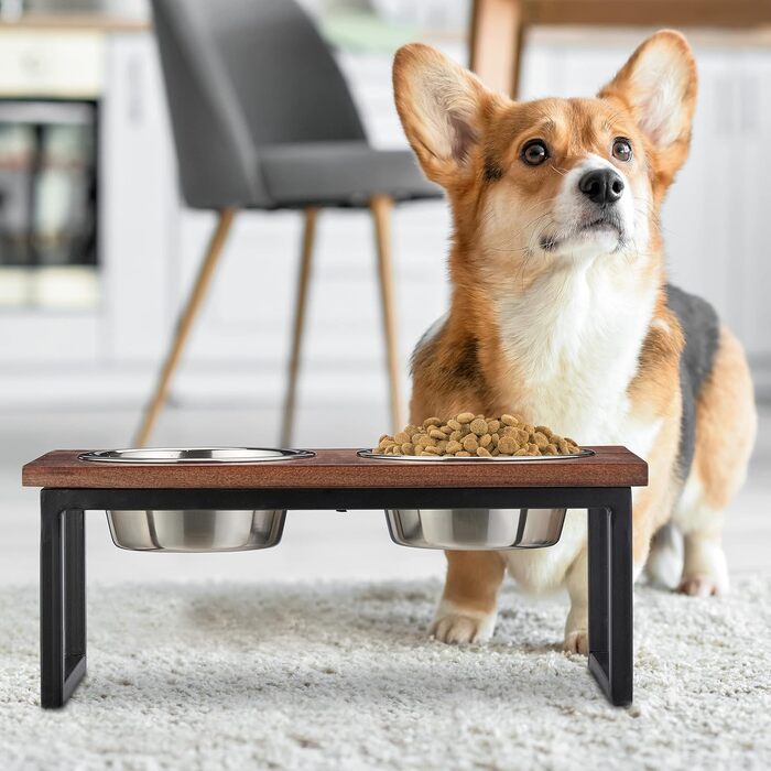 Підставка для мисок Relaxdays з нержавіючої сталі, об'єм 1000 мл, станція для корму для собак з мангового дерева, HBT 16,5 x 42 x 21 см, натуральний колір