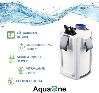 Зовнішній акваріумний фільтр AquaOne HW-703B, 1400 л/год, з УФ-C лампою 9 Вт, для акваріумів до 700 л, для прісної та морської води
