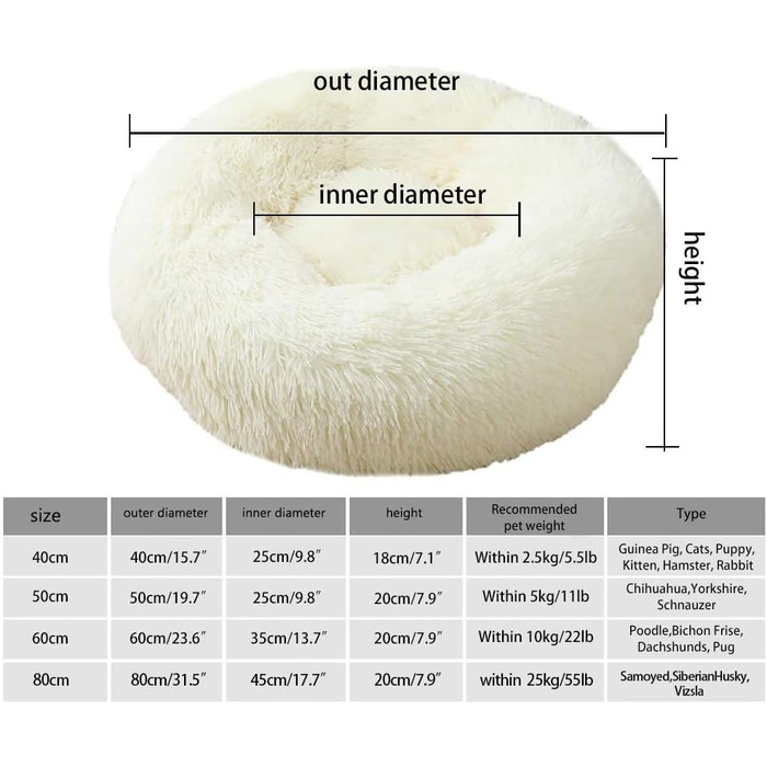 М'яке ліжко для собак, котів, 60 см, біле. Легко миється. Підходить для великих, середніх та маленьких собак.