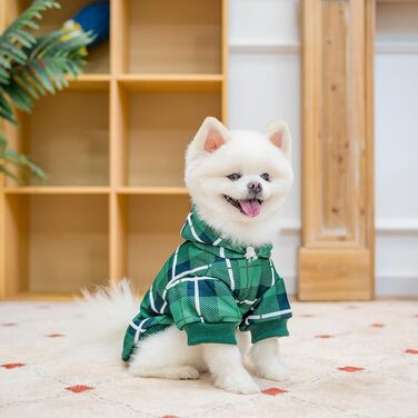 Теплий собачий светр з капюшоном у клітинку, британський стиль, отвір для повідка, одяг для собак Pitbull, зимовий одяг для всіх порід, цуценят, дівчаток та хлопчиків, котів, зелений, розмір Small
