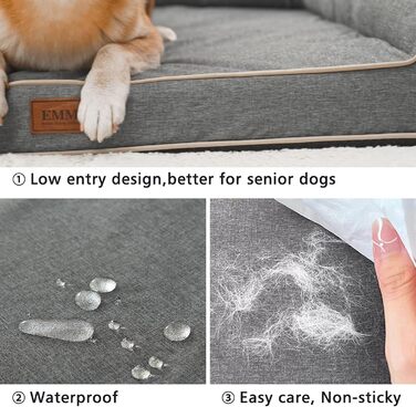 Ортопедичне ліжко для собак EMME, 68.6x50.8x17.8 см, водовідштовхувальне, з матрацом з піною з ефектом пам'яті, знімний, пральний чохол, сіре