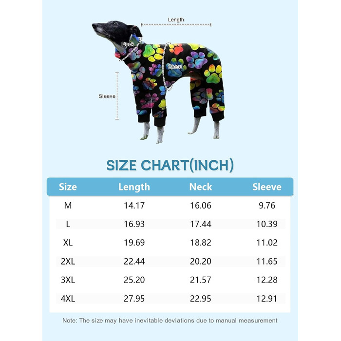 Піжама для собак Cnkwei, розміри M, L, XXL, з принтом лап, для породи Віндхаунд, боді, багатокольорова