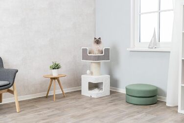 Дряпка для великих котів TRIXIE Ava XXL 86 см, біло-сіра, з будиночком і м’якою лежанкою, комфортна та стійка