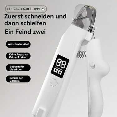 Yagerod Lichtschere Pro: професійна LED-ножиця для грумінгу котів та собак, 2-в-1, з екраном, тихий мотор, збірник для шерсті (білий)