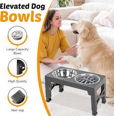 Підвищені годівниці для собак DicePro з регульованою висотою та повільною годівницею, 2 миски з нержавіючої сталі – для малих, середніх та великих собак