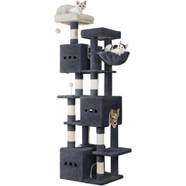 Великий котячий будиночок-кліматизатор, 193 см, XXL, з 7 стовпчиками для шліфування, 3 будиночками, 2 платформами, 2 плюшевими кульками, корзиною, мотузкою для лазіння, багатоповерховий, MS19218LG (темно-сірий)