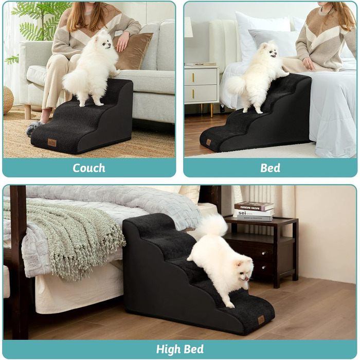 Сходинки для собак маленьких порід 50 см, сходи для тварин на ліжко з високощільним губчастим матеріалом, сходинки для собак з пральною наволочкою та неслизьким дном, 40x72x50 см, 4 сходинки (Чорний, 5 сходинок (40x84x57 см))