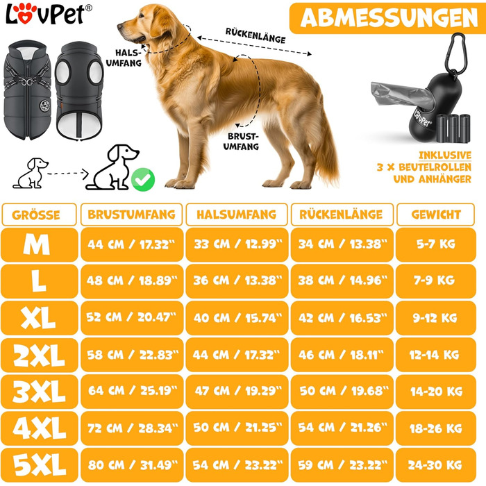 LOVPET® Тепла куртка для собак з повідком, 45 шт. пакетиків для вигулу + дозатор, зимова жилетка для собак, водонепроникна, з підкладкою, з м'якою вставкою на груди, світловідбивачі, D-подібний кільце (5XL, антрацит)