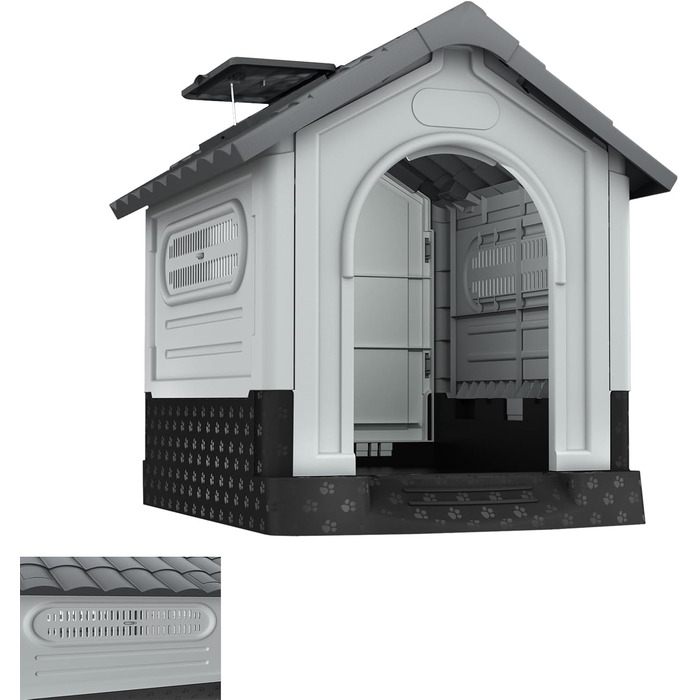 Коттедж для собак ORHEYA з пластику, з дверима, люками, вентиляційними гратами та піднятим дном, 79,5 x 70,5 x 78 см