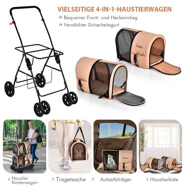 COSTWAY Двоярусний візок для собак та котів, до 16 кг, з сітчастими віконцями, тримачем для напоїв та зчепленим елементом (Бежевий)