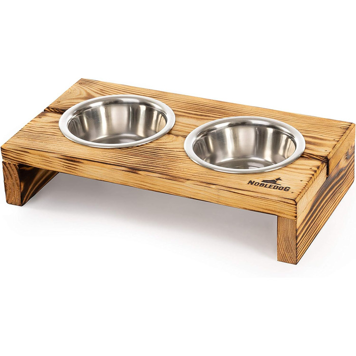 Набір мисок для собак Nobledog з нержавіючої сталі, миска для котів, піднята, дерев'яна, подвійний набір мисок, станція годування, тримач для мисок - об'єм: 2 x 0,3 л