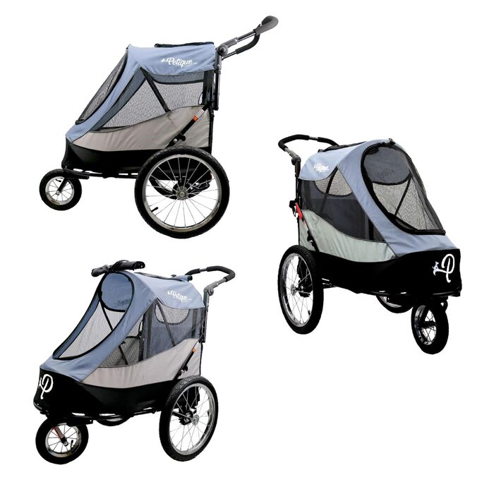 Візок для собак Petique Trailblazer Jogger Space Gray з насосом, дощовиком, адаптером для велосипеда та прапорцем безпеки | повітряні колеса | складний | оглядове вікно | для великих собак та котів сірого кольору