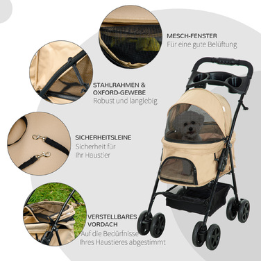 PawHut Dog Cart Dog Buggy Folding Function Коляска для маленьких собак Кішки Візок для домашніх тварин Oxford Khaki 67x45x96см