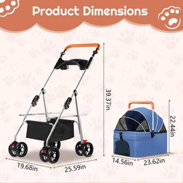 Візок для тварин Simcat: для собак та котів, складний, з поворотними колесами, чорний