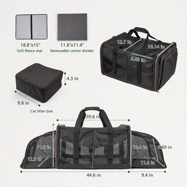 Транспортна переноска для котів на 2 котів, чорна, розширювана, до 15,9 кг. Ідеально для подорожей, кемпінгу та піших прогулянок